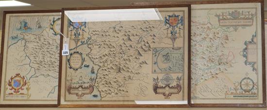 John Speed (1552-1629), three County maps of Wales, later hand-coloured, plate sizes 38.5 x 51cm